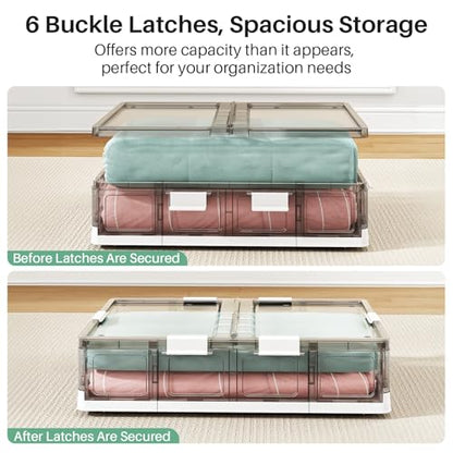 Kitstorack 2 Pack Plastic Under Bed Storage Bins with Lids and 8 Pre-installed Wheels,Rolling Low Rrofile Under bed Containers Box for Clothes Shoes, 37.8 Qt, Long, Clear, Flat, Large - size: Standard - 2 PACK