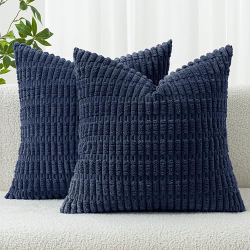 MIULEE Pack of 2 Corduroy Decorative Throw Pillow Covers 12x12 Inch Soft Boho Striped Pillow Covers Modern Farmhouse Home Decor for Summer Coastal Sofa Living Room Couch Bed Dark Blue - color: Dark Blue, size: 12" x 12" (Pack of 2)