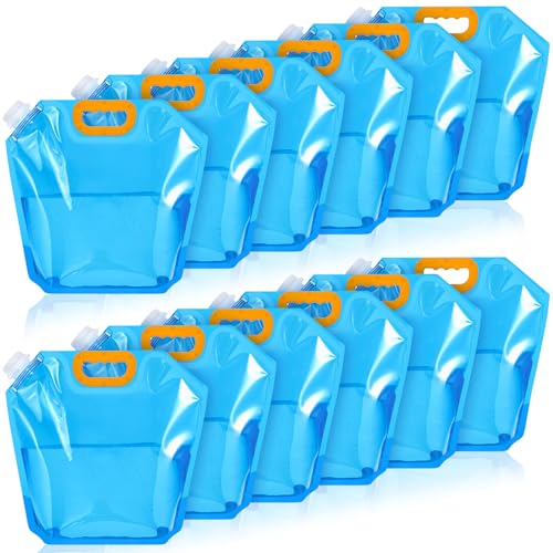 Tessco for you 12 Pack 1.3 Gallon Collapsible Water Storage Bag, Camping Water Jug, Portable Plastic Flask, Freezable Carrier Pouch, Foldable Bottle for Outdoor Hiking Emergency Prep (Blue) - color: Blue
