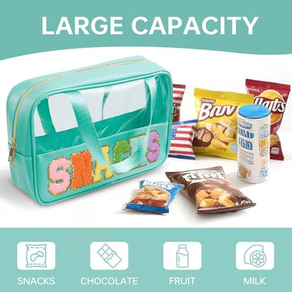 Snack Bags Chenille Letter Patch Clear Bag Snacks Bag for Travel, Preppy Cosmetic Bag Snacks Pouch with Zipper, Toiletry Bag for Traveling women, Clear Travel Bags for Toiletries (Green) - color: Green