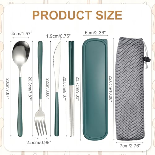 uxcell Travel Utensils with Case Stainless Steel Portable Silverware, Dark Green/Silver - color: Dark Green/Silver