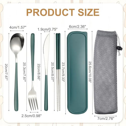 uxcell Travel Utensils with Case Stainless Steel Portable Silverware, Dark Green/Silver - color: Dark Green/Silver