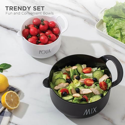 Rae Dunn Non-Slip Mixing Bowls - 4 Piece Nesting Plastic Mixing Bowl Set with Pour Spouts and Handles-Measurement Markings (Black) - color: Black