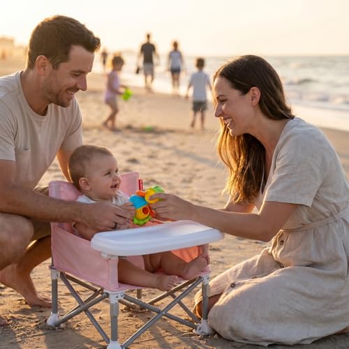 Tiny Marvels Baby Chair, Portable & Foldable for Travel & Beach, Ages 6M-3Y | BPA-Free Material, 3-Point Harness, 3-in-1 Baby Chair, Removable Tray & Carry Bag, Sturdy with Reinforcement, Non-Slip Feet - color: Pink