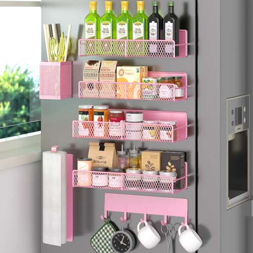 Magnetic Spice Rack for Refrigerator, 7 Pack 100% Metal Strong Magnet Shelves, Kitchen Spice Organizer W/ Hook Rack, Paper Towel Holder, Utensils Caddy, Home Laundry Room Storage Organization (Pink) - color: Pink, style: 7 Pack