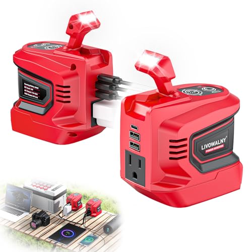 LIVOWALNY 200-250W Power Inverter Compatible with Milwaukee 18V Battery - DC 18V to AC 110-120V Power Station with 1 AC Outlet - 2 USB 1 Type-C & LED Light for Camping Power Outage - Tool Only - 2Pack - color: Red, size: 2-PACK