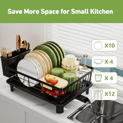 Dish Drainer Rack with Drip Tray, Sink Dish Drainer with Drainage Spout, Stainless Steel Dish Drying Rack with Cups, Utensil & Cutting Board Holders for Kitchen Counter Space-Saving, Black - color: Black