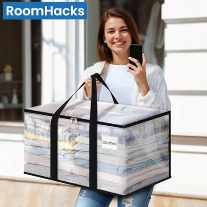 RoomHacks Clear Heavy Duty Extra Large Moving Bags, Reinforced Handle and Double Zipper Storage Bags, Packing Bags Alternative (2 Packs) - size: 100L- 2Packs