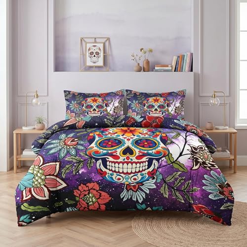 WeCozy King Size Comforter Set with 2 Pillowcases, Sugar Floral 3 Pcs Bedding for Kids and Adults, Galaxy Star Space Soft Comforter Set for Bedroom Bed Decor - color: Sugar Skull, size: King