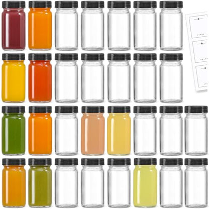30 Pack 2 oz Glass Shot Bottles w/ Black Lids & 30 Labels - Small Clear Jar for Ginger, Wellness Shot, Juice, Sample, Whiskey - Travel Essentials Mini Bottles - Wide Mouth, Leakproof, Dishwasher Safe - color: Black Lid, size: 30 Pack