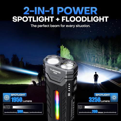 EDC Rechargeable Flashlight 3250 Lumens with RGB Light,55 Modes Multifunctional Flat Flashlight with Floodlight,Spotlight and Magnetic Base,Waterproof USB C Flashlight for Camping,Home,Emergencies - size: Black