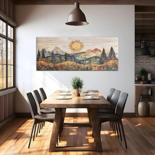 Boho Mountain Canvas Wall Art Wildflower Mountain Landscape Wall Decor Woodland Sunrise Poster Bohemian Forest Sunset Prints Painting Picture for Living Room Bedroom Office Ready to Hang 8x16in - size: 8"L x 16"W