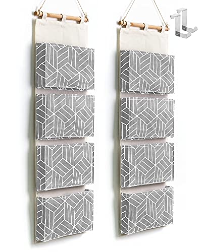 CROWNED 2Pcs Over Door Hanging Storage Bags Wall Mount Closet Organizer, 4 Big Pockets Linen Cotton Fabric Multi Functional Living Room Bedroom Bathroom File Magazine Waterproof Free Hooks Grey - color: Grey