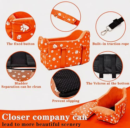 Center Console Dog Car Seat, Tomato Red | Safe Travel for Small Dogs Under 15 lbs, Detachable Washable Pet Carrier, Storage Pockets, Safety Leash - color: Tomato Red