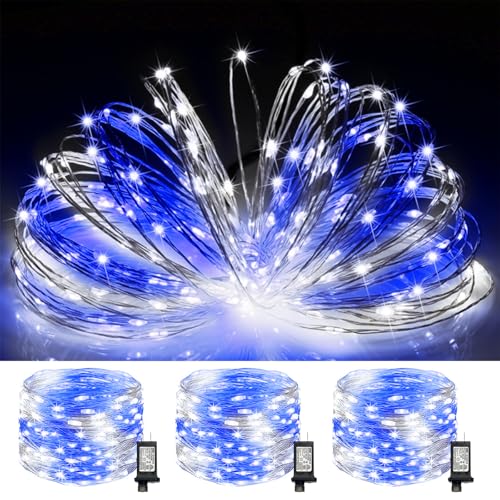 3 Pack Blue and White Fairy Lights Plug in, 33Ft 100 LEDs Waterproof Twinkle Firefly Starry String Lights with Adaptor, for Wedding Christmas Indoor Outdoor Patio Garden Decoration - color: Blue White, size: 3PK ( 3 X 100 Counts)