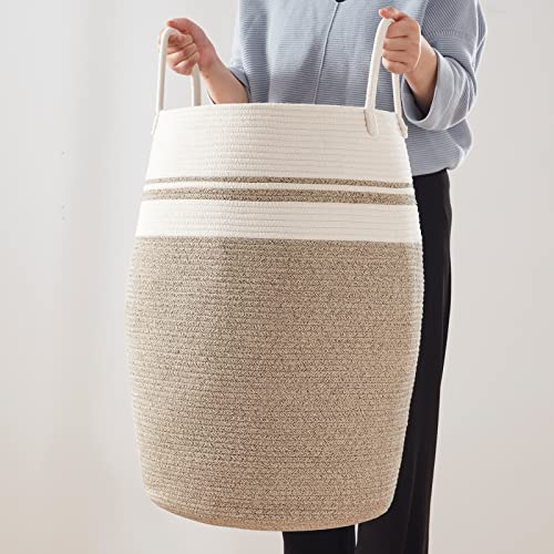 OIAHOMY Laundry Hamper Woven Cotton Rope Large Clothes Hamper 25.6" Height Tall Laundry Basket with Extended Cotton Handles for Storage Clothes Toys in Bedroom, Bathroom, Foldable (Yellow variegated) - color: Yellow variegated