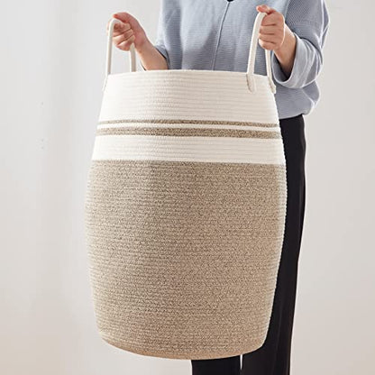 OIAHOMY Laundry Hamper Woven Cotton Rope Large Clothes Hamper 25.6" Height Tall Laundry Basket with Extended Cotton Handles for Storage Clothes Toys in Bedroom, Bathroom, Foldable (Yellow variegated) - color: Yellow variegated