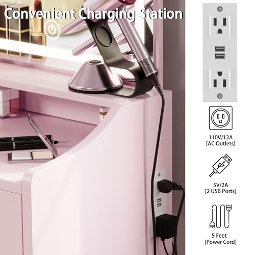 LIKIMIO Small Makeup Vanity Desk with Mirror and Lights, Vanity Table Set with Storage Drawer, Chair and Three Shelves, Bedroom, Pink - color: Pink