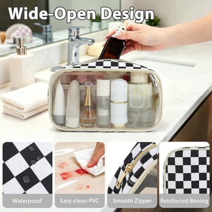Fammart Clear Travel Makeup Bag for Women, TSA Approved Checkered Cosmetic Bag Make Up Car Organizer Case with Zipper, Large Waterproof Pouch Purse Toiletry Bag for Skincare, Brushes Travel Essentials - color: Clear, 2PCS - Black Checkered