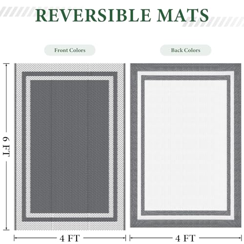 HappyTrends,Outdoor Rug,Patio Rug,Reversible Portable Outdoor Plastic Straw Rug,Camping Rugs for Outside RV,Large Waterproof Area Rugs for Patio,Deck,Picnic,Porch,Balcony(4'x 6',White&Gray) - size: 4' x 6' (Rectangular)