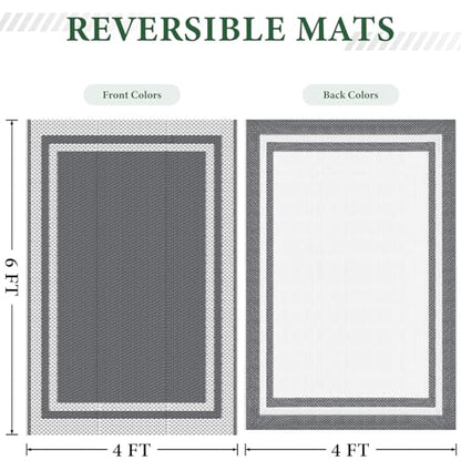 HappyTrends,Outdoor Rug,Patio Rug,Reversible Portable Outdoor Plastic Straw Rug,Camping Rugs for Outside RV,Large Waterproof Area Rugs for Patio,Deck,Picnic,Porch,Balcony(4'x 6',White&Gray) - size: 4' x 6' (Rectangular)