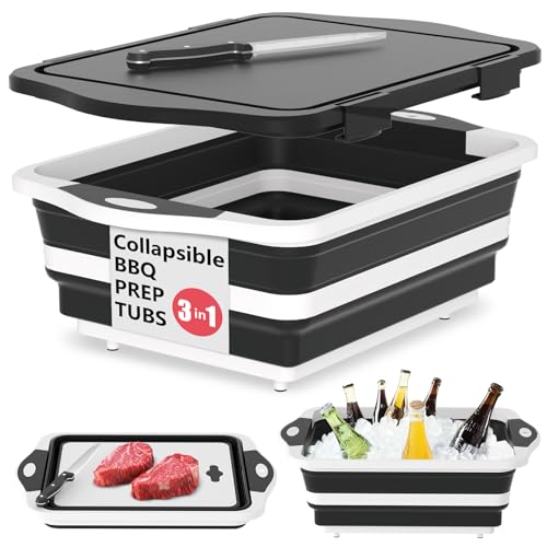 HI NINGER BBQ Prep Tub with Lid, Collapsible Camping Sink with Colander, Cutting Board & Knife Set for Grilling, Smoking & Outdoor Cooking, Collapsible Wash Basin for RV Camping Essentials - color: Black