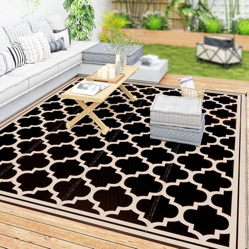 Outsunny Reversible Outdoor Rug, 9' x 12' Waterproof Plastic Straw Floor Mat, Portable RV Camping Carpet, Large Floor Mat for Backyard, Deck, Picnic, Beach, Black & Beige - color: Black, Beige, size: 8'11" x 11'11" (Rectangular)