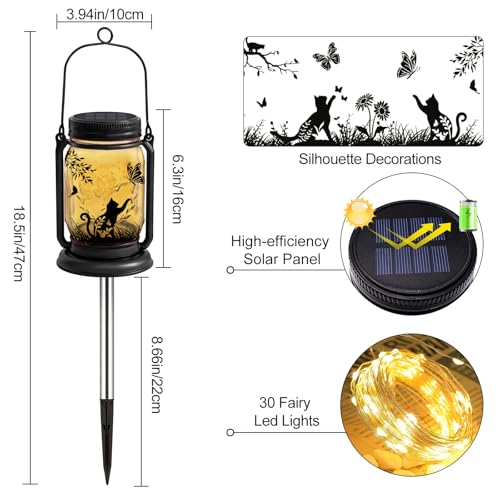 ANGMLN Cat Solar Lanterns 3-in-1 Outdoor Waterproof - Birthday Gifts for Cat Lovers Women Mom Christmas, Mason Jar Hanging Lanterns with Stake, Garden Decor Lights for Patio Yard Balcony Decorations - style: Cat