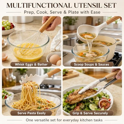 Silicone 10 Pcs Kitchen Cooking Utensils Set, Recycled Materials Certification, BPA Free Spatula Set with Heat Resistant Wood Handles for Nonstick Cookware, Cream White - color: CreamWhite
