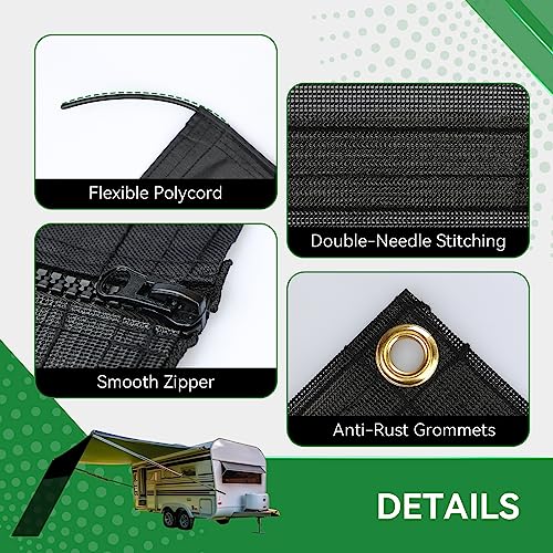 RV Awning Shade Screen with Zipper 9' x 13'3'', 600D Oxford Top + Mesh Bottom, RV Sun Shade Screen for Awning, RV Shade Complete Kits for Trailer Camper - size: 9’ x 13’3”
