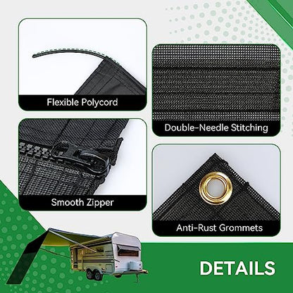 RV Awning Shade Screen with Zipper 9' x 13'3'', 600D Oxford Top + Mesh Bottom, RV Sun Shade Screen for Awning, RV Shade Complete Kits for Trailer Camper - size: 9’ x 13’3”