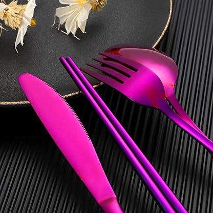 Travel Utensils,Reusable Silverware Set To Go Portable Cutlery Set with a Waterproof Carrying Case for Lunch Boxes Workplace Camping Picnic (Purple) - color: Purple