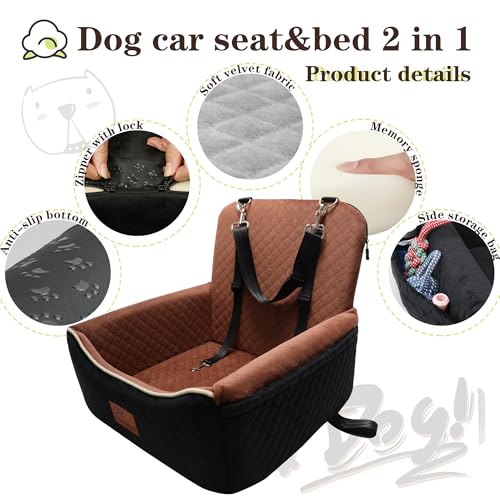 Dog Car Seat Bed 2 in 1 for Small/Medium Dogs up to 35 lbs,Adjustable Safety Leashes,Memory Foam with Soft Fabric Pets Travel Car Bed,Easily Installed in Front and Back seat,Removable and Washable. - color: Black outside Brown inside