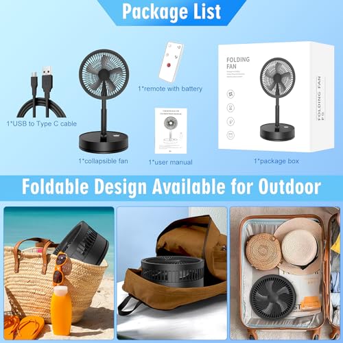 LIPETY Portable Foldable Rechargeable Oscillating Fan - 8" Battery Operated USB C Small Fan Remote, Quiet Table Desk Fan Folding Standing Pedestal Fans for Bedroom Rome Office Camping Travel