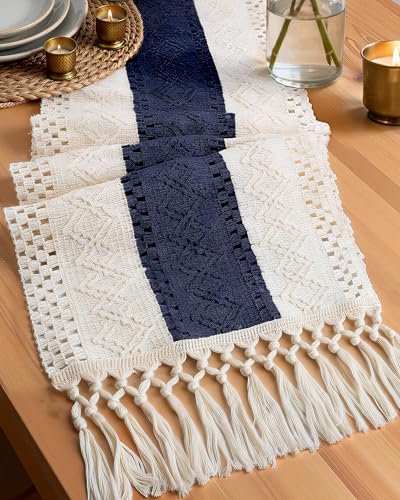 Pureegg Farmhouse Boho Table Runner - 72 Inches, Linen-Textured Woven Tassel Design for Dining Table Decor, Kitchen, Coffee Table & Living Room, 12 x 72 Inch, Blue - color: Blue, size: 12" X 72"