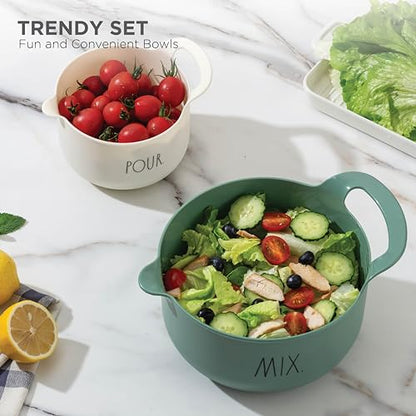 Rae Dunn Non-Slip Mixing Bowls - 4 Piece Nesting Plastic Mixing Bowl Set with Pour Spouts and Handles-Measurement Markings (Sage) - color: Sage