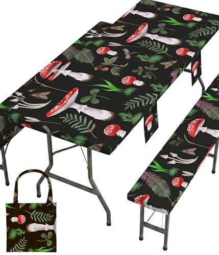 Fitted Picnic Table Cover with Bench Covers Vinyl Waterproof Elastic Edges Fitted Rectangle Table Cloth Patio Tablecloth Camping Essentials Rv Gear Accessories Road Trip Supplies Car Travel Must Have - color: Black Red Mushrooms, size: 72in