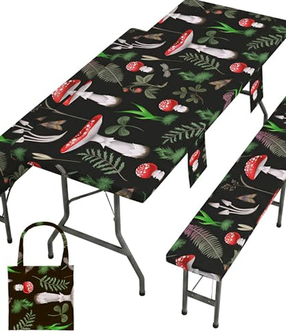 Fitted Picnic Table Cover with Bench Covers Vinyl Waterproof Elastic Edges Fitted Rectangle Table Cloth Patio Tablecloth Camping Essentials Rv Gear Accessories Road Trip Supplies Car Travel Must Have - color: Black Red Mushrooms, size: 96in