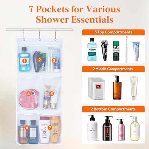 Lifewit Cruise Essentials Shower Caddy Must-Have, 7 Pockets Hanging Bathroom Organizer with Quick-Dry Mesh, Portable Shower Bag to Storage Soap, Shampoo, for RVing, Travel, Camping, White, 1 Pack - size: 14" x 30"