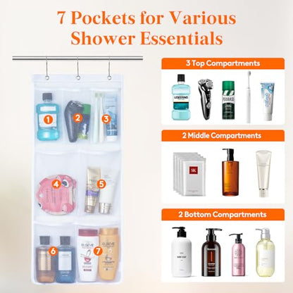 Lifewit Cruise Essentials Shower Caddy Must-Have, 7 Pockets Hanging Bathroom Organizer with Quick-Dry Mesh, Portable Shower Bag to Storage Soap, Shampoo, for RVing, Travel, Camping, White, 1 Pack - size: 14" x 30"