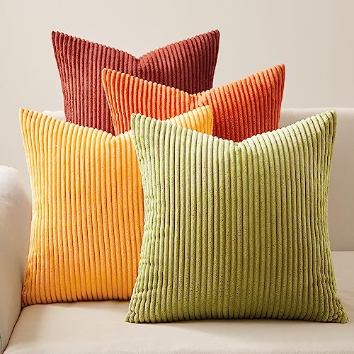Topfinel Fall Burnt Orange Throw Pillow Covers 16x16 Set of 4,Corduroy Striped Decorative Cushion Cases for Couch Living Room Sofa Guest Bedroom Fluffy,Small Cute Shams - color: Yellow Orange, size: 16" x 16" (Pack of 4)