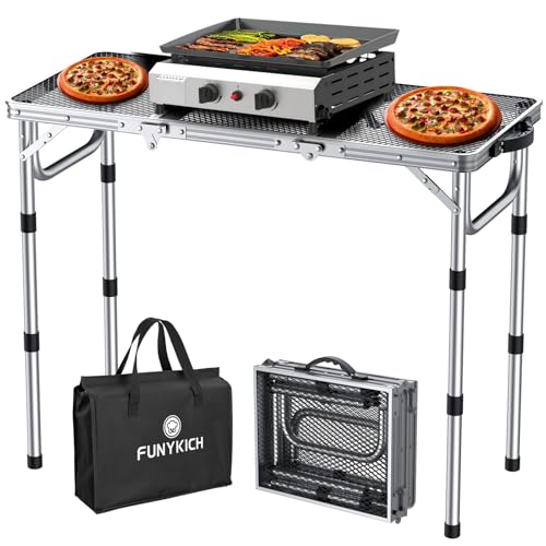 FUNYKICH 3ft Folding Grill Table for Outside 34.2''x15.7'', 3 Height Adjustable Portable Camping Table, Lightweight Metal Aluminum Outdoor Table with Carry Handle for Camping, Picnic, BBQ, Silver - color: Silver, size: 34.2''x15.7''x27.5''