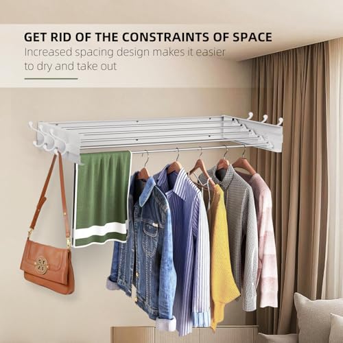 Laundry Drying Rack, Collapsible Wall Mounted Clothes Drying Rack - Foldable,Space Saving, 13.2 Linear Ft, 5 Aluminum Rods, 60 lb Capacity (White, 31.5" Wide) - size: 31.5"