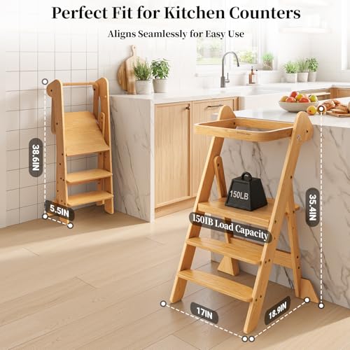 COSYLAND Foldi Foldable Toddler Kitchen Stool - Adjustable Height Toddler Standing Tower with Net & Safety Feet, IF Award-Winning Wooden Learning Step Tower for Kids Ages 18M-6Y, Natural - color: Natural