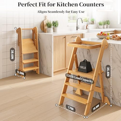 COSYLAND Foldi Foldable Toddler Kitchen Stool - Adjustable Height Toddler Standing Tower with Net & Safety Feet, IF Award-Winning Wooden Learning Step Tower for Kids Ages 18M-6Y, Natural - color: Natural
