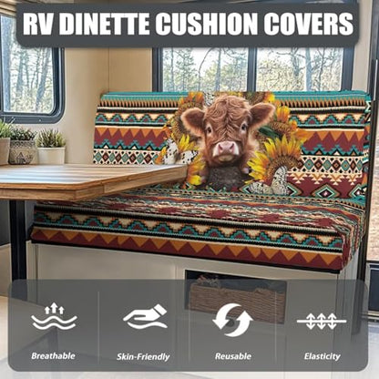 Aztec Print RV Cushion Covers Dinette Booth Seats Sunflower and Highland Cow Camper Cushion Covers Couch Cover 2 Cushion Slipcovers RV Sofa Cover No Arm RV Bench Seat Covers for Dinette - color: Aztec Sunflower Highland Cow