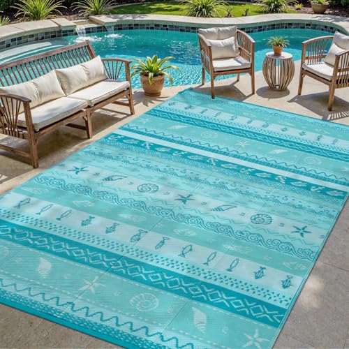 Lahome Outdoor Rug Waterproof, 5x8ft Reversible Outdoor Plastic Straw Rug for Camping, RV Patio Rugs Outside Carpet for Porch Deck Backyard Balcony Picnic(Blue/Multi,5'x 8') - color: Blue, size: 5'x8'