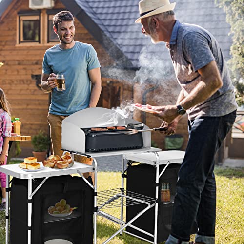 GYMAX Folding Camping Table, Portable Kitchen Table with 2 Zipper Organizer Shelf & Wind Screen, Foldable Cooking Table for Camping Hiking Picnic BBQ (Black) - color: Black