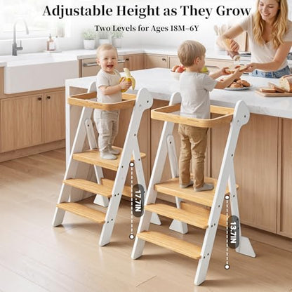 COSYLAND Foldi Foldable Toddler Kitchen Stool - Adjustable Height Toddler Standing Tower with Net & Safety Feet, IF Award-Winning Wooden Learning Step Tower for Kids 18M-6Y, White & Natural - color: White & Natural