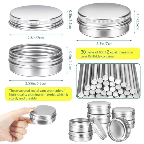 30Pack 2oz Tin Jars, 60ml Metal Tin cans, 2Ounce Aluminum tin can jar Containers with Screw Lid for Lotion Bars, Spices, Salve, Balms, Beard Balm, Toiletries, Creams, Samples, Makeup Cosmetic - color: Silver 30pack